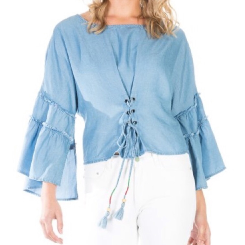 ✨5 for 25 Sale✨ Boho Faux Denim Bell Sleeve Top